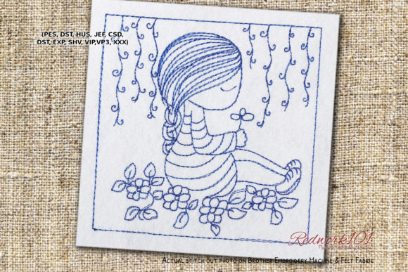 Girl Sitting on Flower Redwork for Craft Fair Appeal