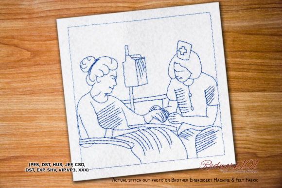 Nurse Examination Old Lady Redwork: A Bold Embroidery Choice